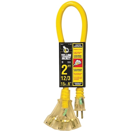 Yellow Jacket SJTW Extension Cord, 12 AWG, Outdoor, 12/3, 3 Outlets, Yellow, PVC, 2 ft 2882